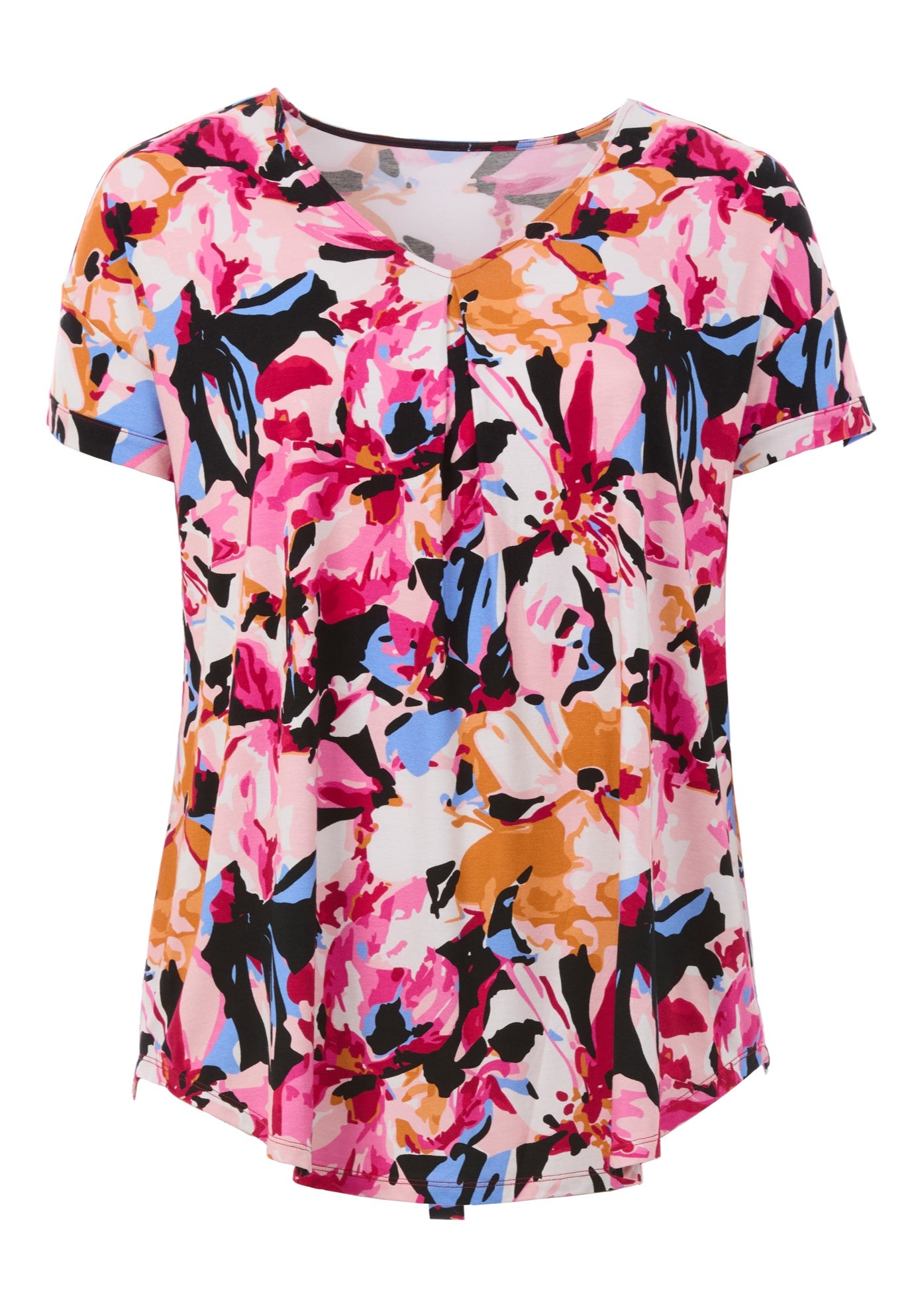 Stretch Knit V-neck Short Sleeve Inverted Pleat Tunic image number 2