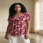 Stretch Jersey Knit V-Neck Inverted Pleat Short Sleeve Tunic image number null