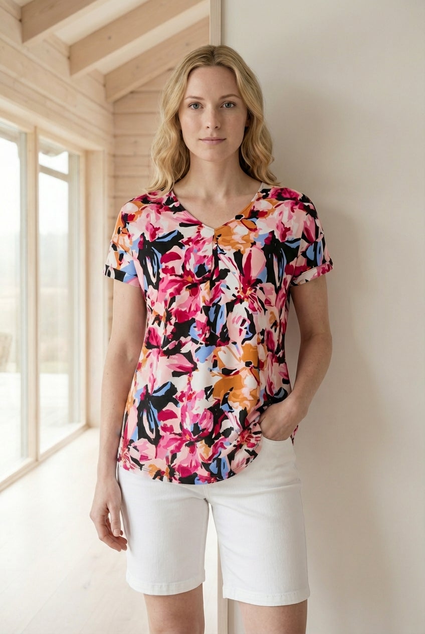 Stretch Knit V-neck Short Sleeve Inverted Pleat Tunic image number 0