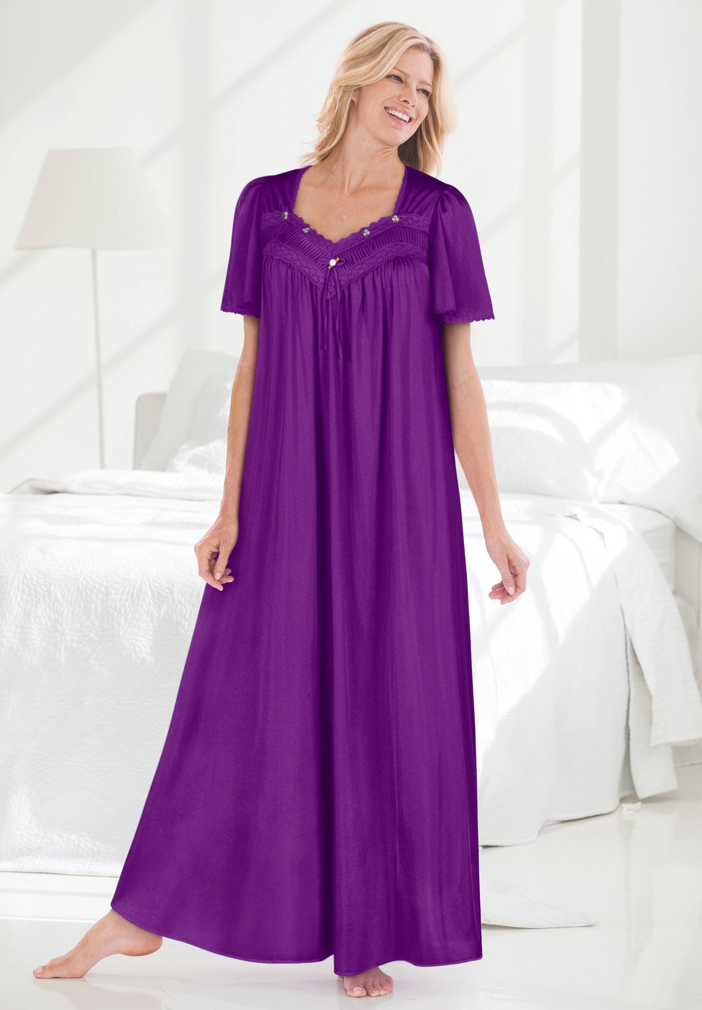 Long Silky Lace-Trim Gown image number 0