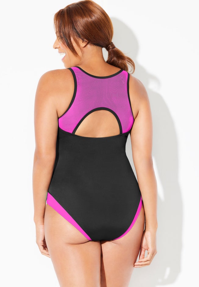 Zip-Front High Neck Chlorine Resistant One Piece Swimsuit image number 1