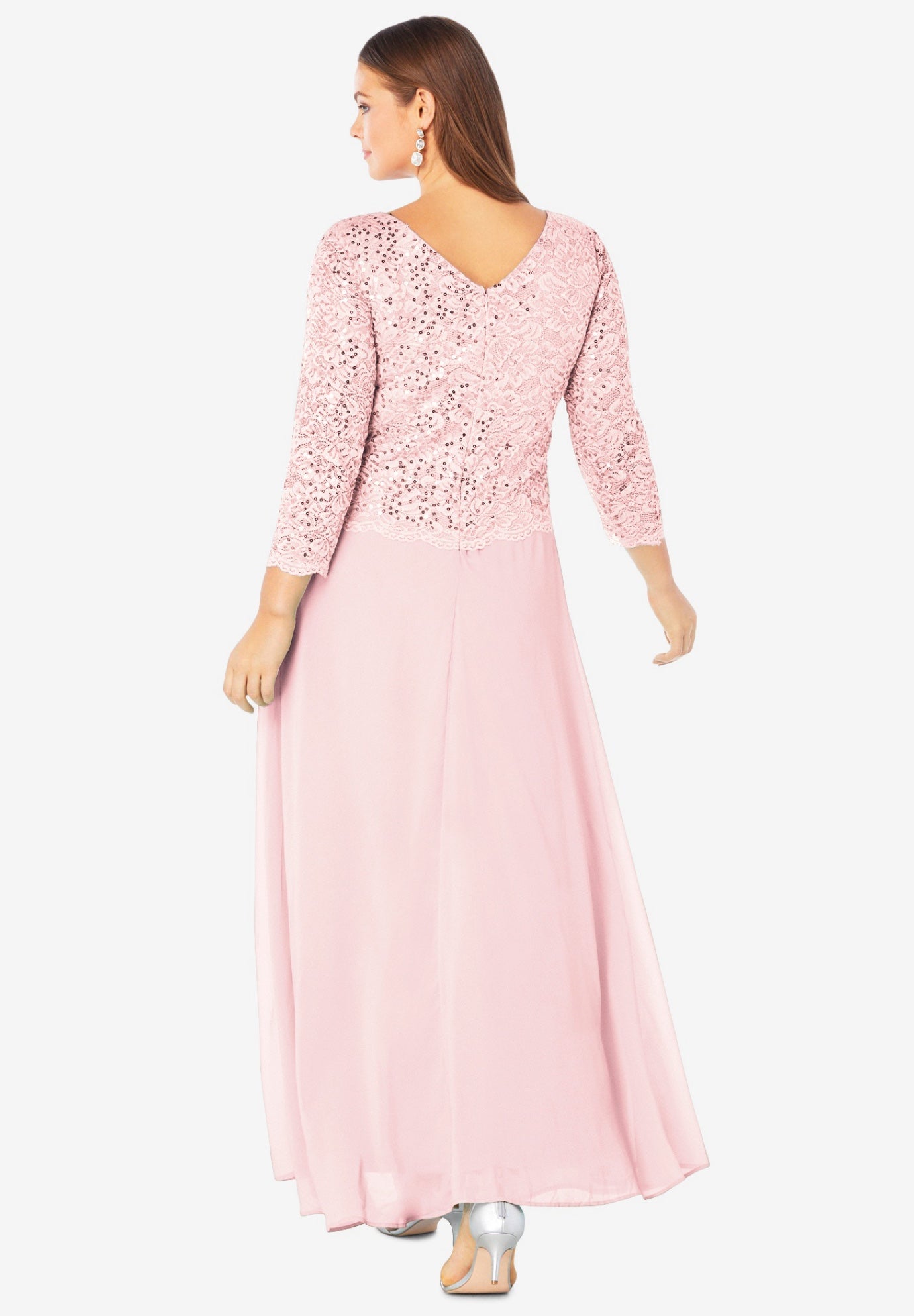 Plus Size Sequin Lace Three Quarter Sleeve A-Line Gown image number 1