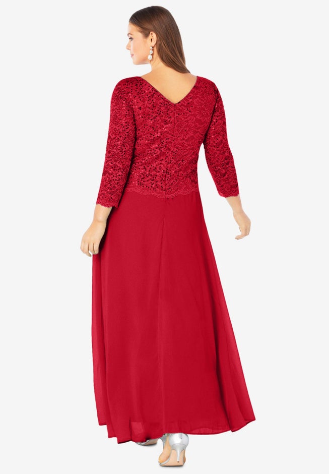 Plus Size Sparkle Lace Popover A-Line Gown with 3/4 Sleeves image number 1