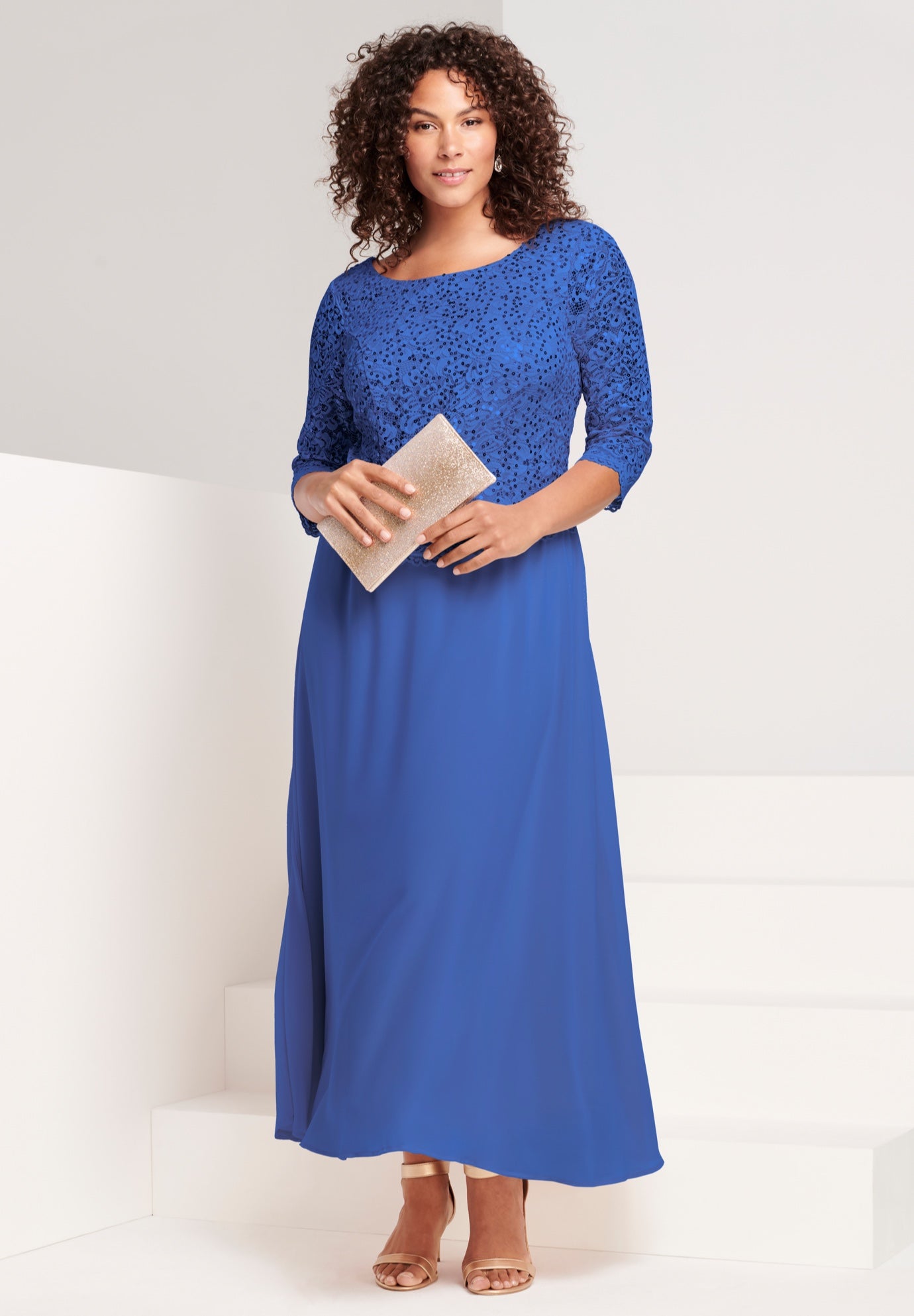 Plus Size Sparkle Lace Popover A-Line Gown with 3/4 Sleeves image number 0