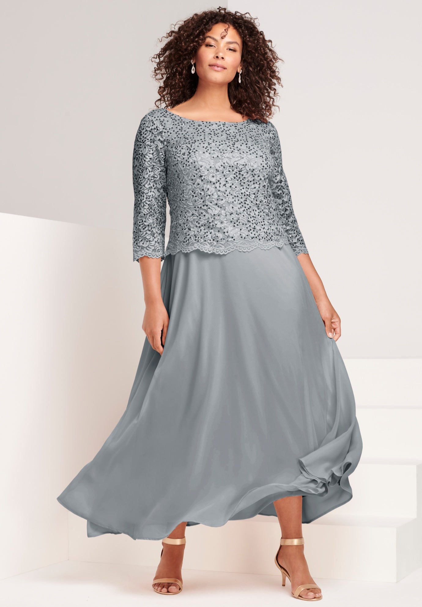Plus Size Sequin Lace Three Quarter Sleeve A-Line Gown image number 0