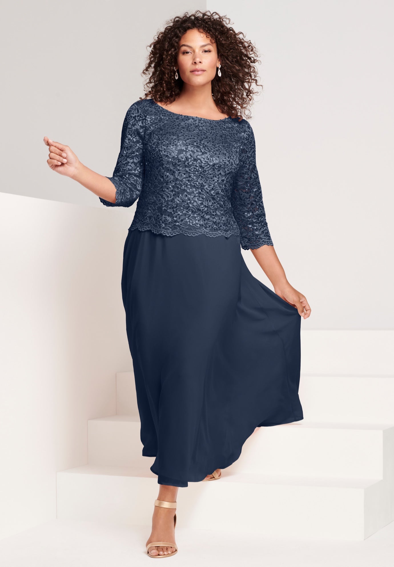 Plus Size Sparkle Lace Popover A-Line Gown with 3/4 Sleeves image number 0