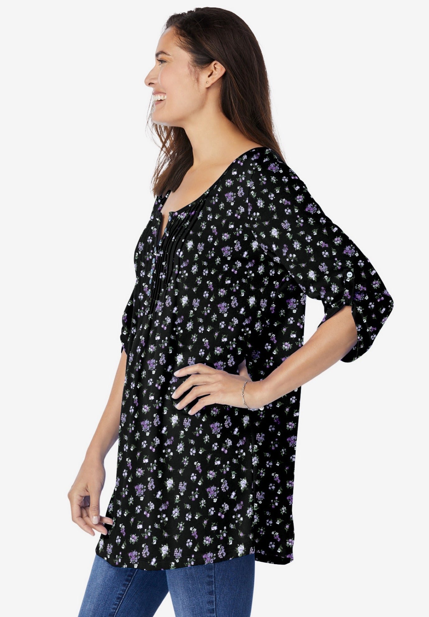 7-Day Three-Quarter Sleeve Pintucked Henley Tunic image number 3