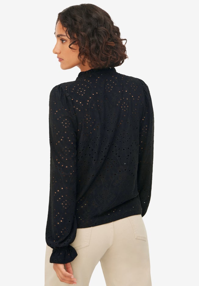 Long Sleeve Knit Eyelet Top With Keyhole Neckline image number null