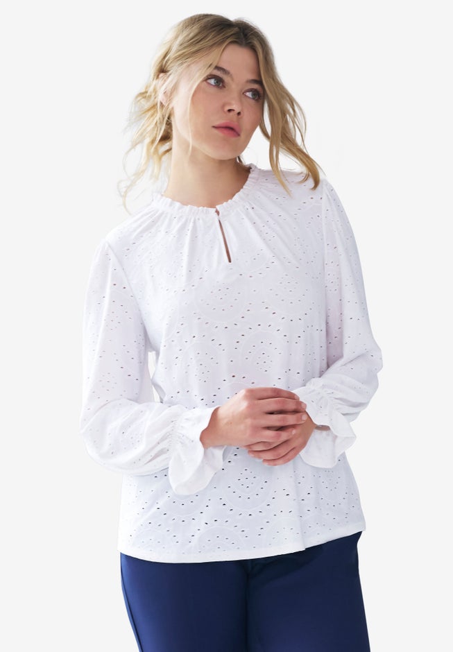 Long Sleeve Knit Eyelet Top With Keyhole Neckline image number null
