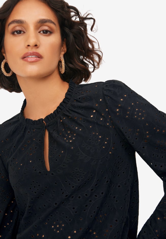 Long Sleeve Knit Eyelet Top With Keyhole Neckline image number null