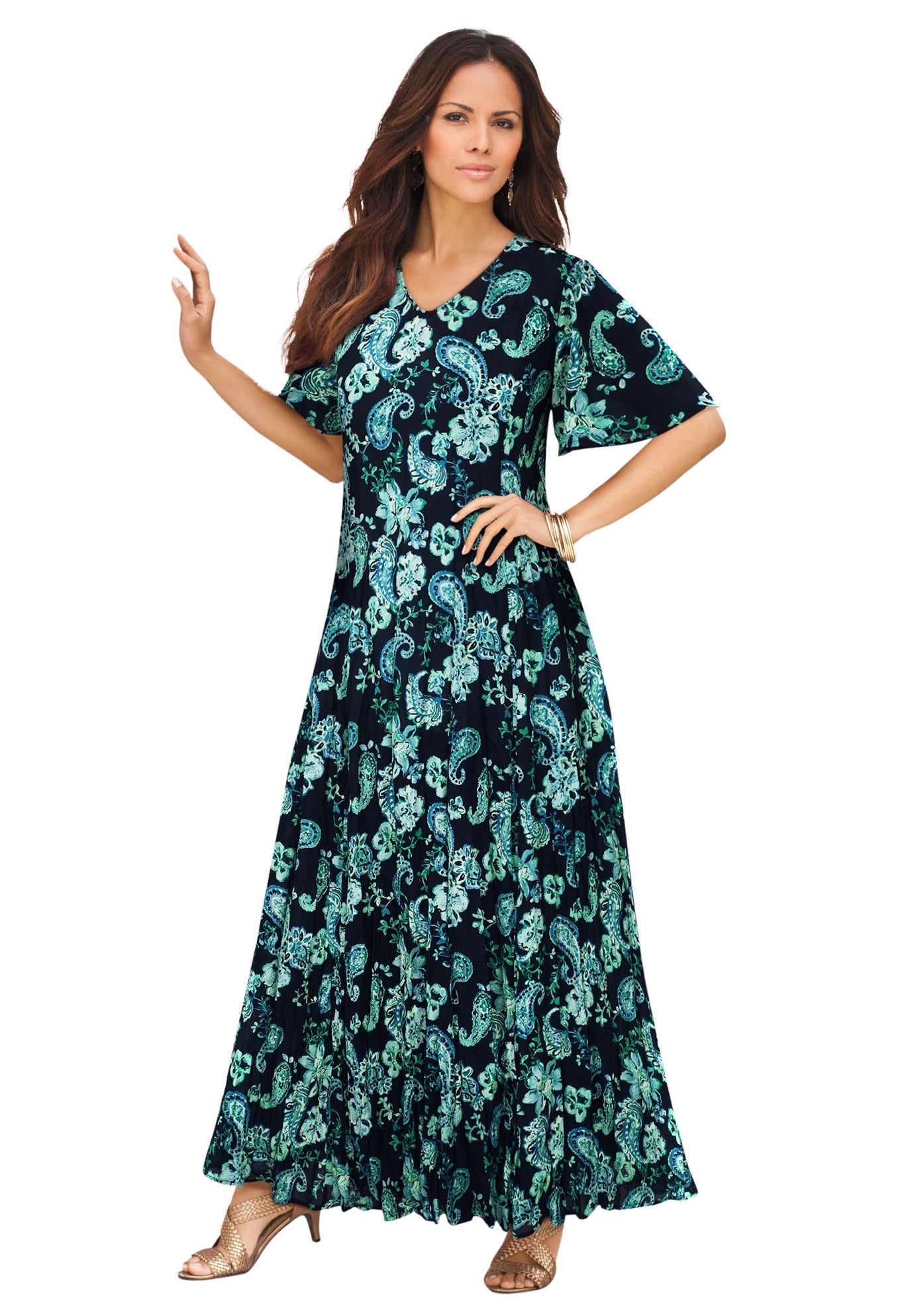 Plus Size Hand Crinkled Flutter-Sleeve Maxi Dress image number 1