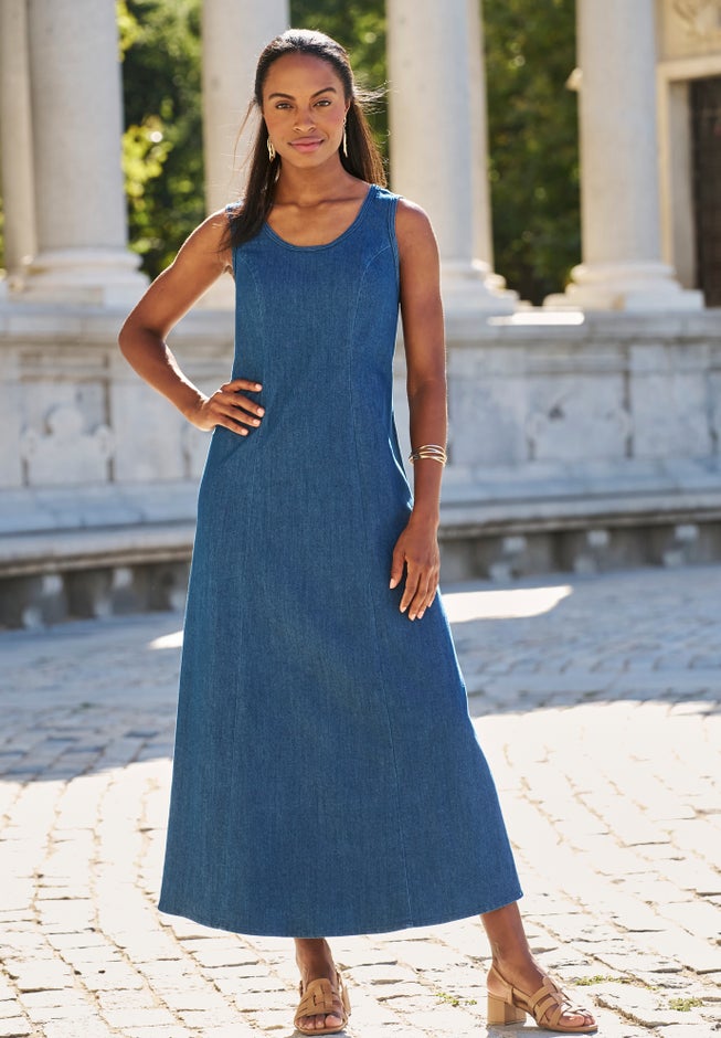 Denim Maxi Dress - Princess Seams, Back Zip, Medium Stonewash | Catherines Denim Maxi Dress - Princess Seams, Back Zip, Medium Stonewash | Catherines