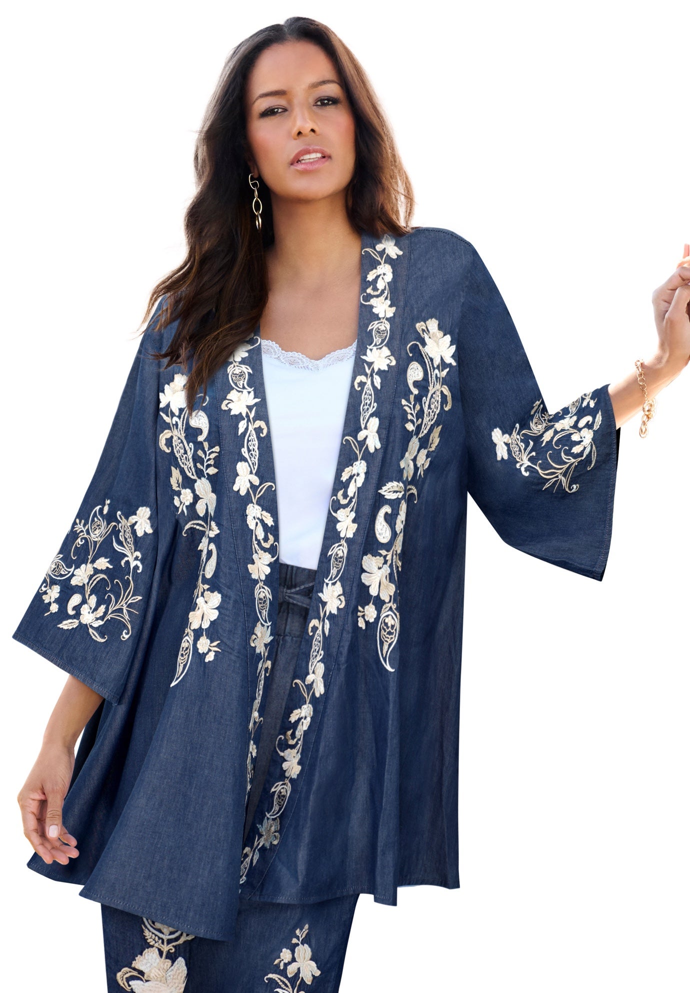 Plus Size Chambray Embroidered Kimono image number 0