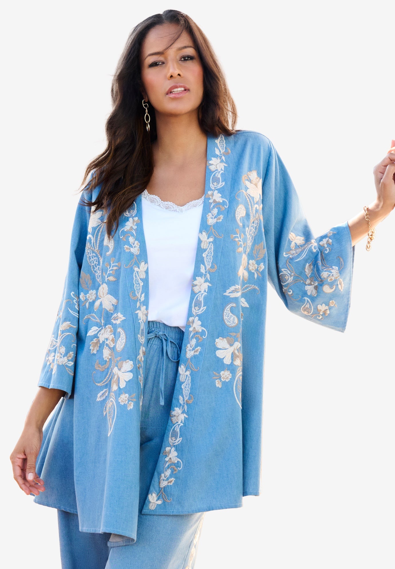 Plus Size Chambray Embroidered Kimono image number 0