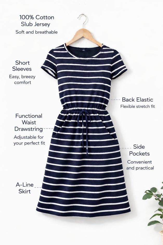 100% Cotton Cinched-Waist Drawstring Midi Dress 100% Cotton Cinched-Waist Drawstring Midi Dress