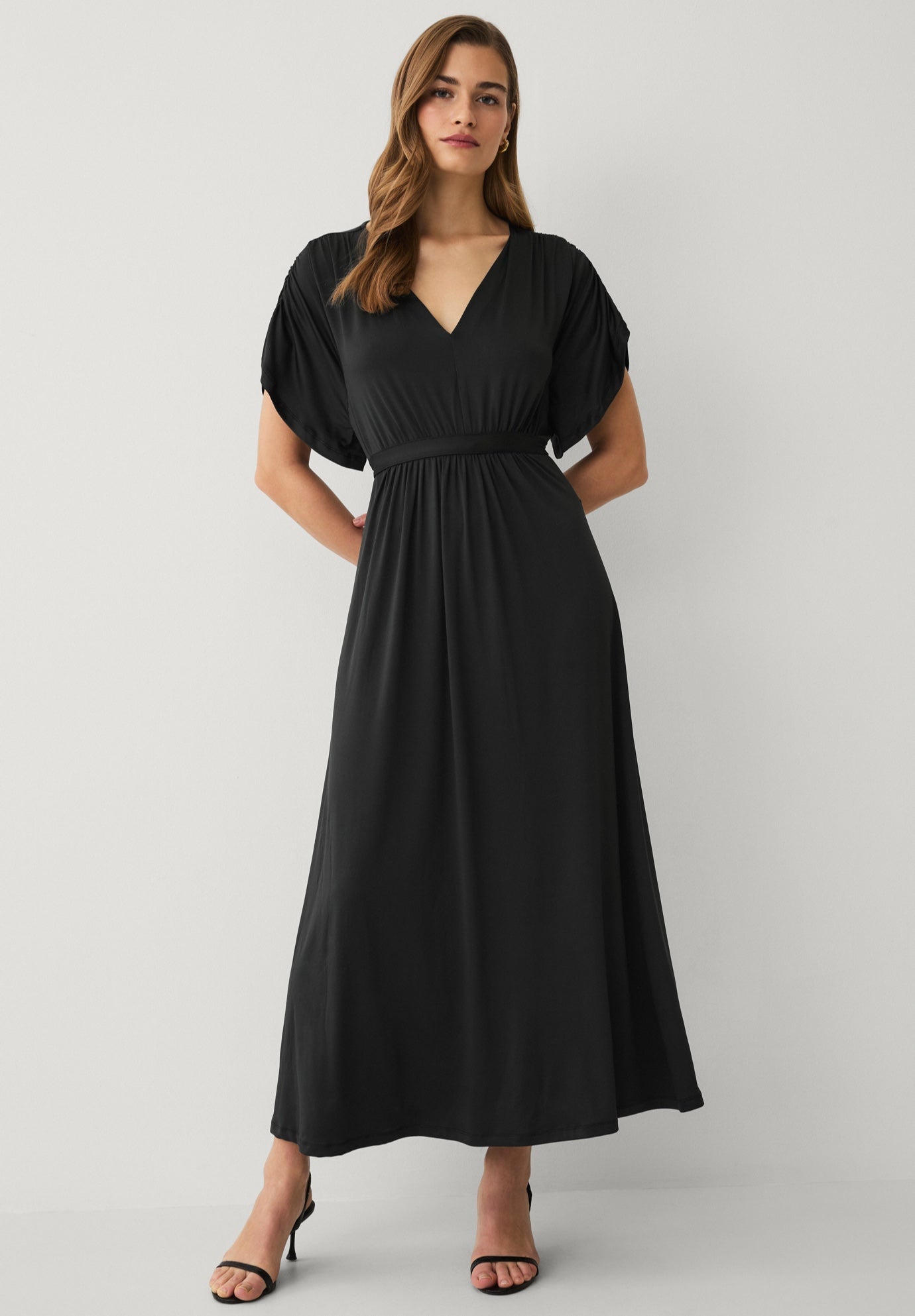 Stretch Knit Fit And Flare Elbow-Length Sleeve Tie-Back Maxi Dress image number 0