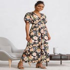 Stretch Knit Fit And Flare Elbow-Length Sleeve Tie-Back Maxi Dress image number null