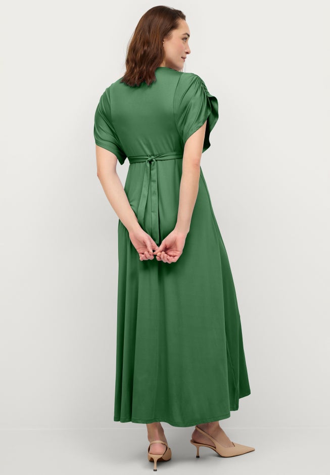 Stretch Knit Fit And Flare Elbow-Length Sleeve Tie-Back Maxi Dress image number 1