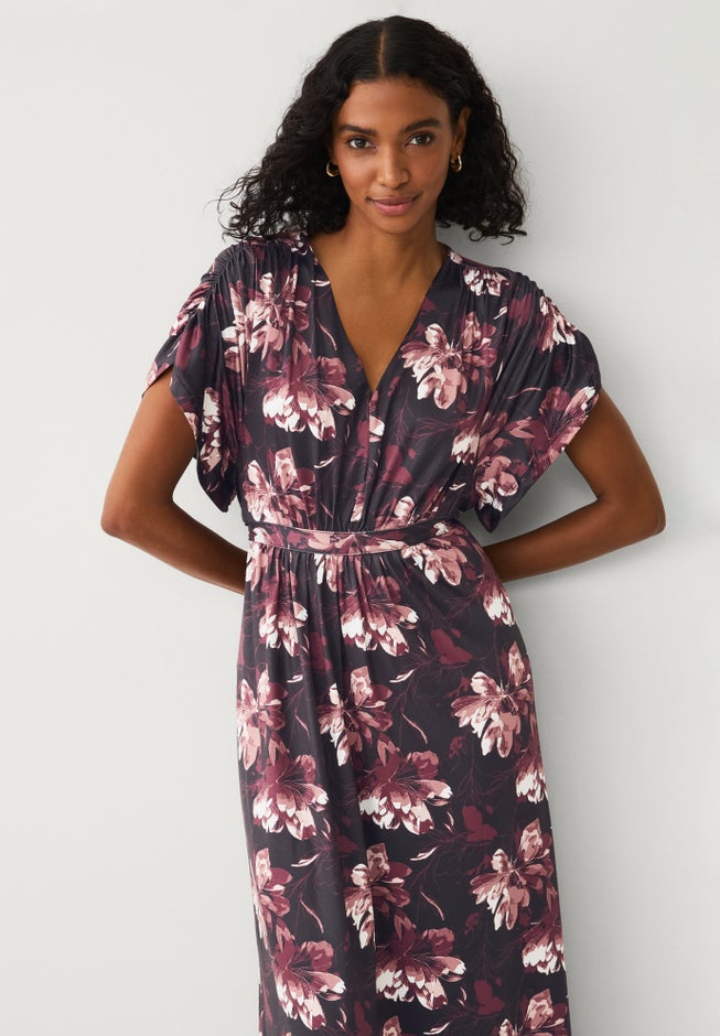 Stretch Knit Fit And Flare Elbow-Length Sleeve Tie-Back Maxi Dress image number 2