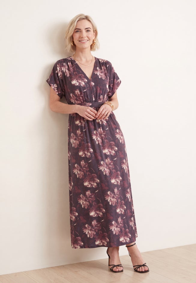 Stretch Knit Fit And Flare Elbow-Length Sleeve Tie-Back Maxi Dress image number 3