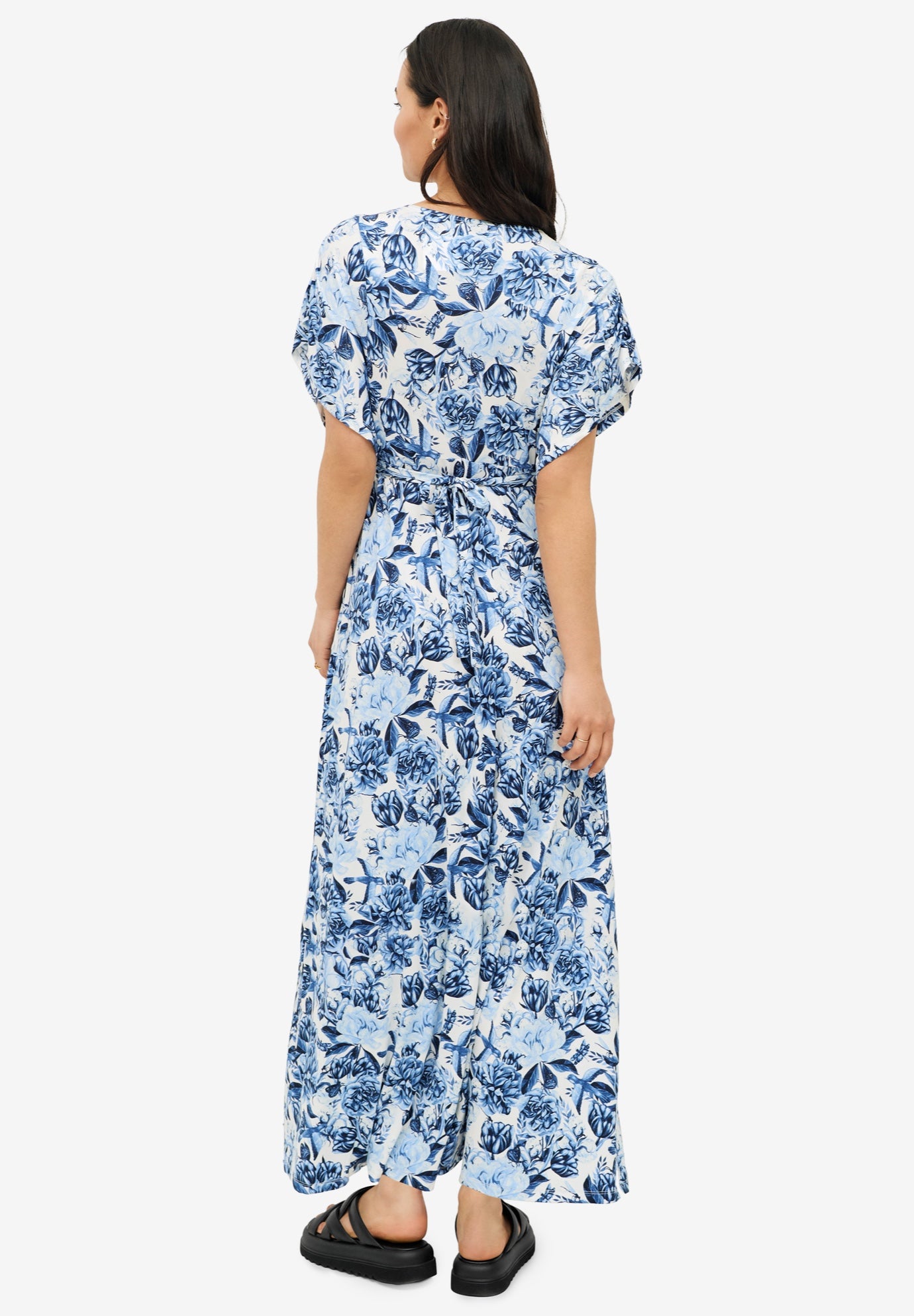 Stretch Knit Fit And Flare Elbow-Length Sleeve Tie-Back Maxi Dress image number 1