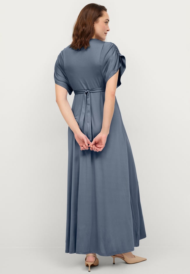 Stretch Knit Fit And Flare Elbow-Length Sleeve Tie-Back Maxi Dress image number 1