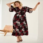 Stretch Knit Fit And Flare Elbow-Length Sleeve Tie-Back Maxi Dress image number null