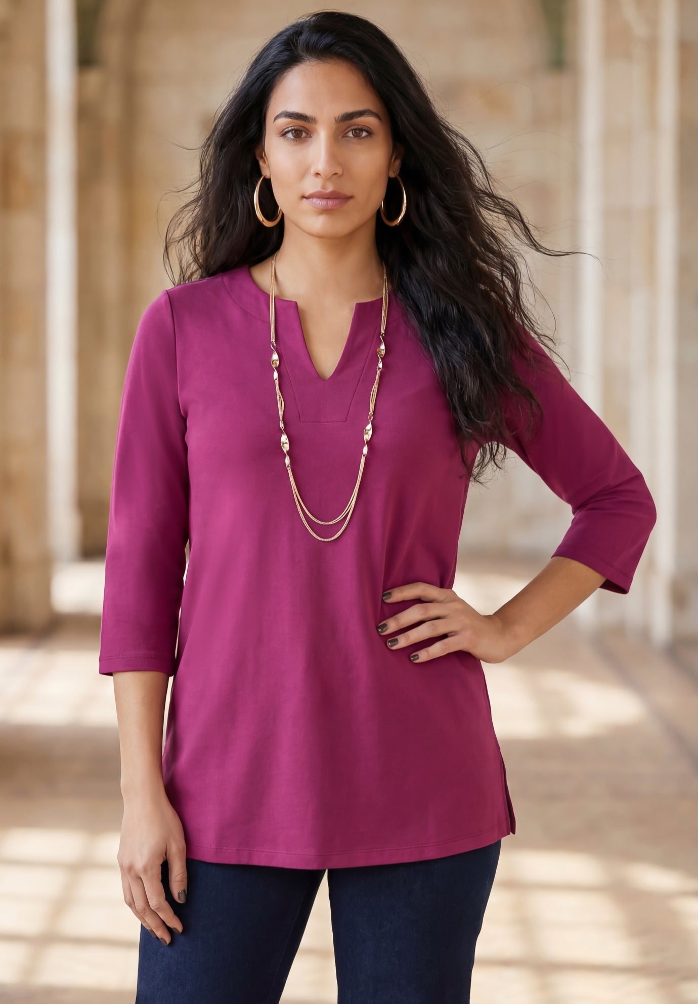 Stretch Cotton Notch Neck Tunic image number 0