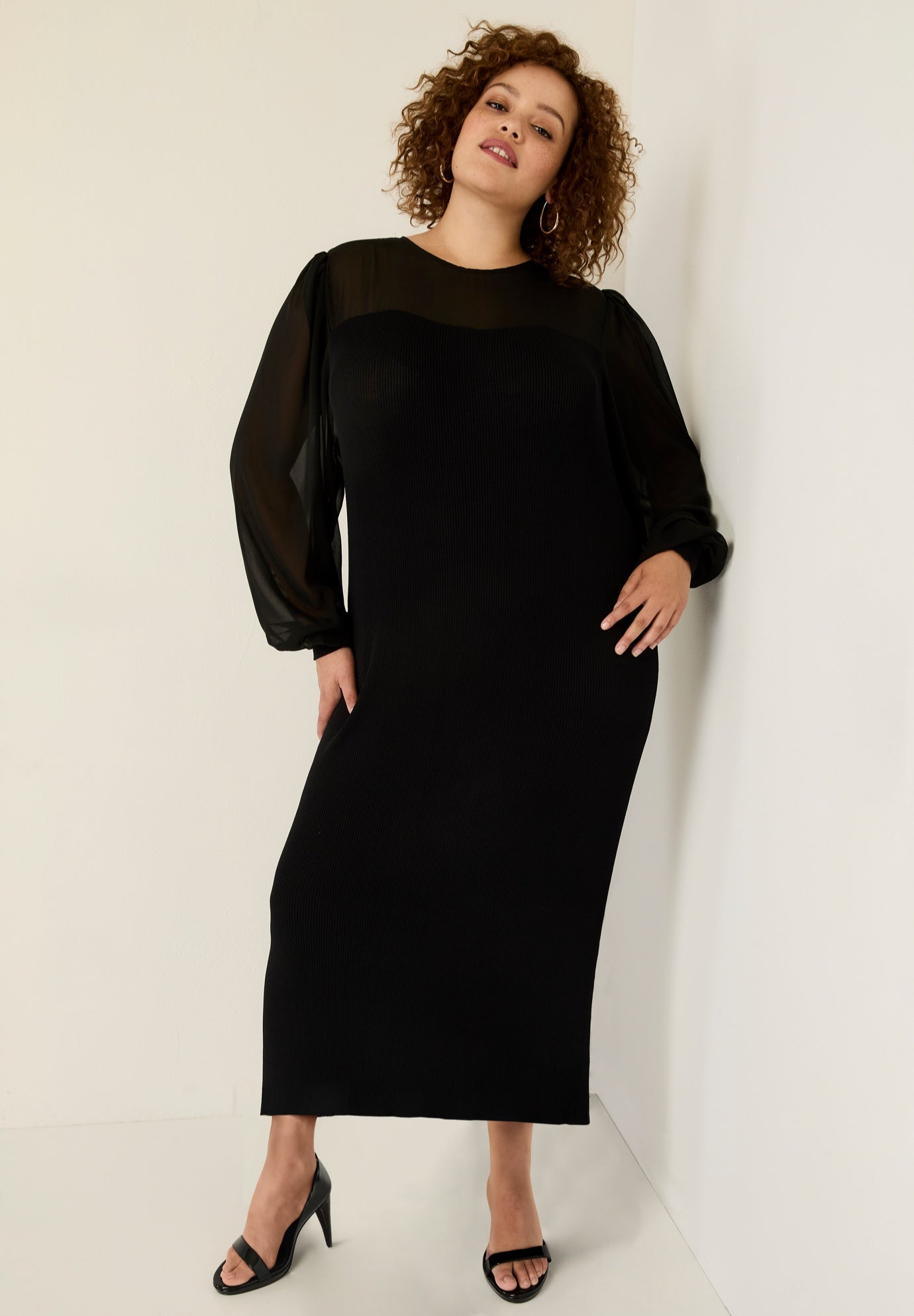 Chiffon-Paneled Midi Sweater Dress image number 0