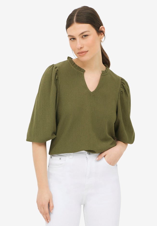 Textured Knit Top with Ruffle Notch Neck, Burnt Olive | Catherines