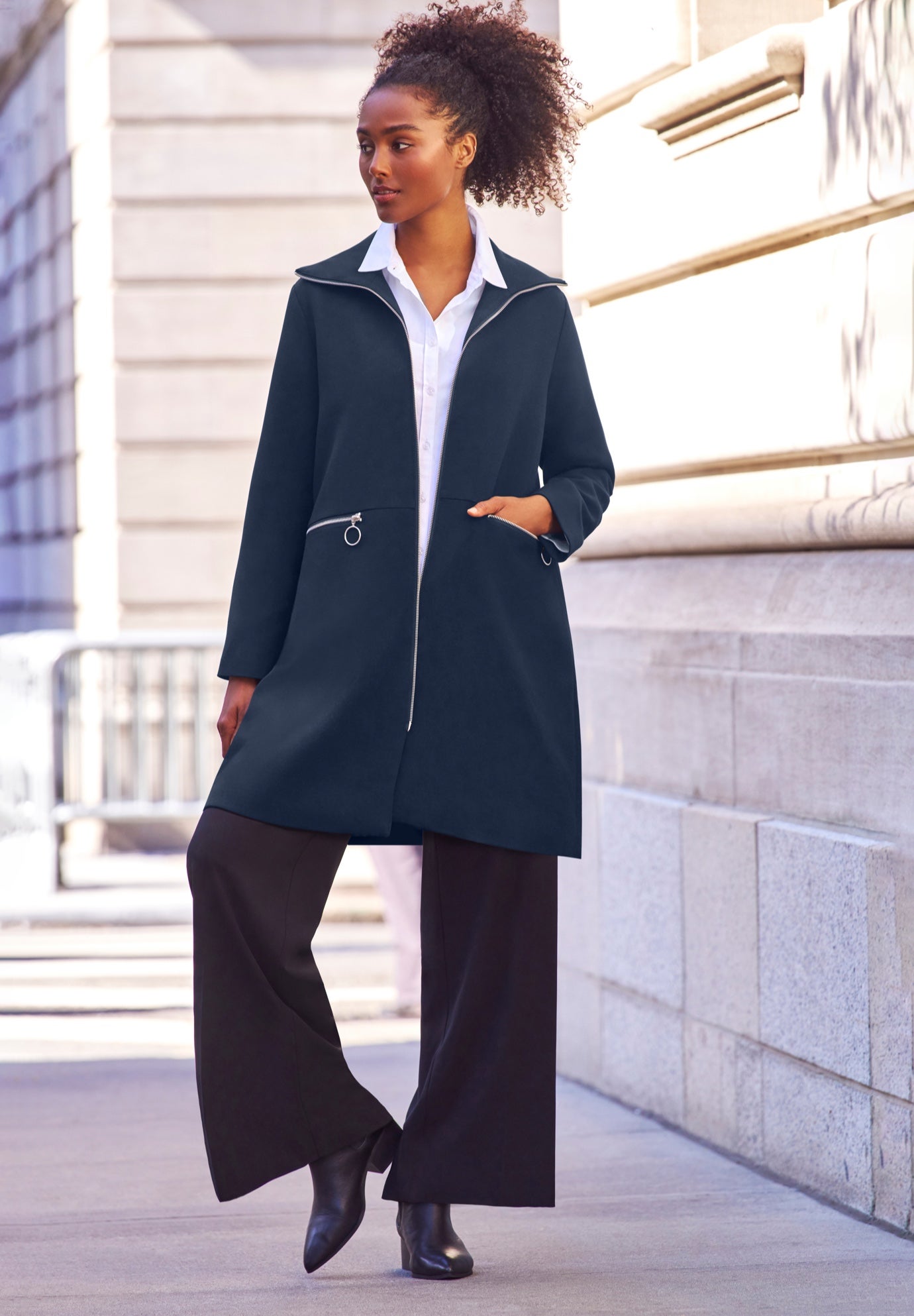 Stretch Crepe Zip Front A Line Back Pleat Coat image number 0