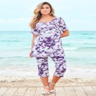Plus Size 2-Piece Printed Henley Top and Capri Set image number null