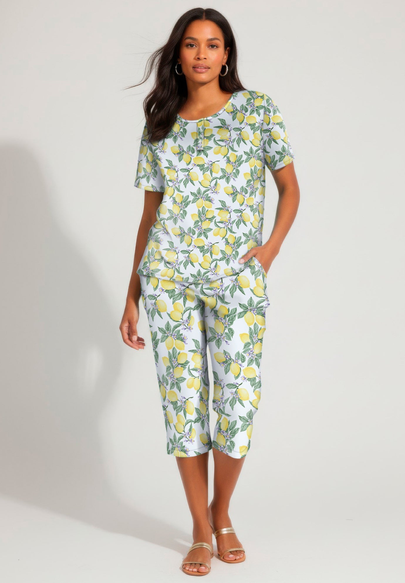 Plus Size 2-Piece Printed Henley Top and Capri Set image number 1