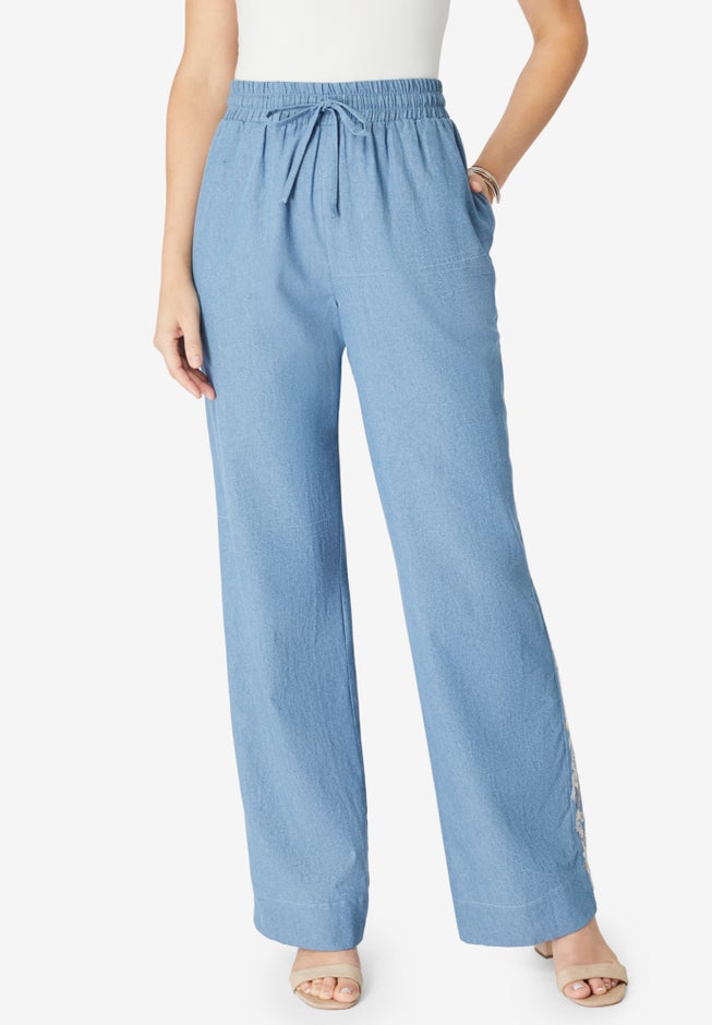 Plus Size Embroidered Pull-On Wide-Leg Chambray Pant image number 4