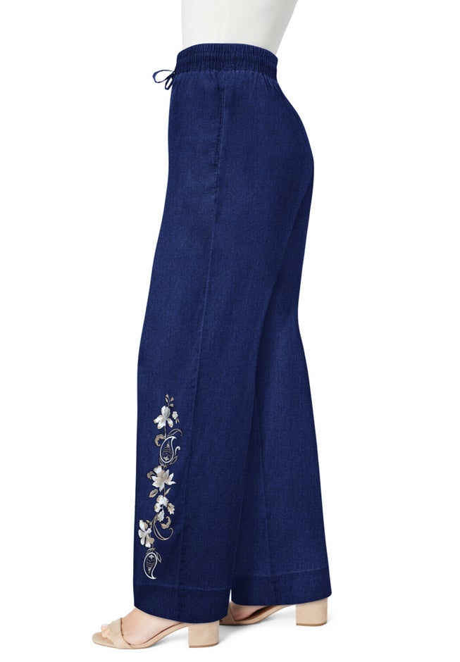 Plus Size Embroidered Pull-On Wide-Leg Chambray Pant image number 3
