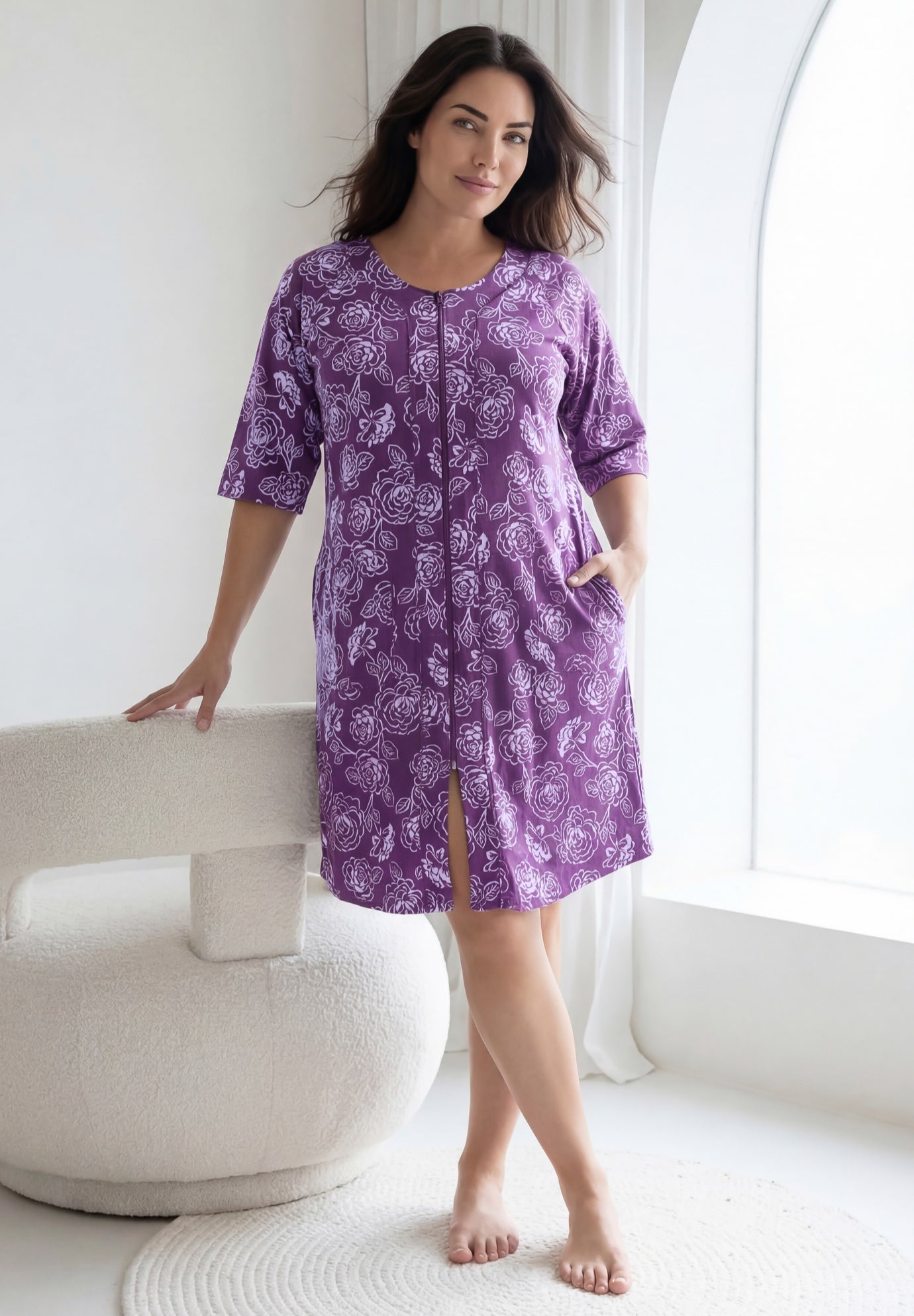 Short French Terry Zip-Front Robe image number 0