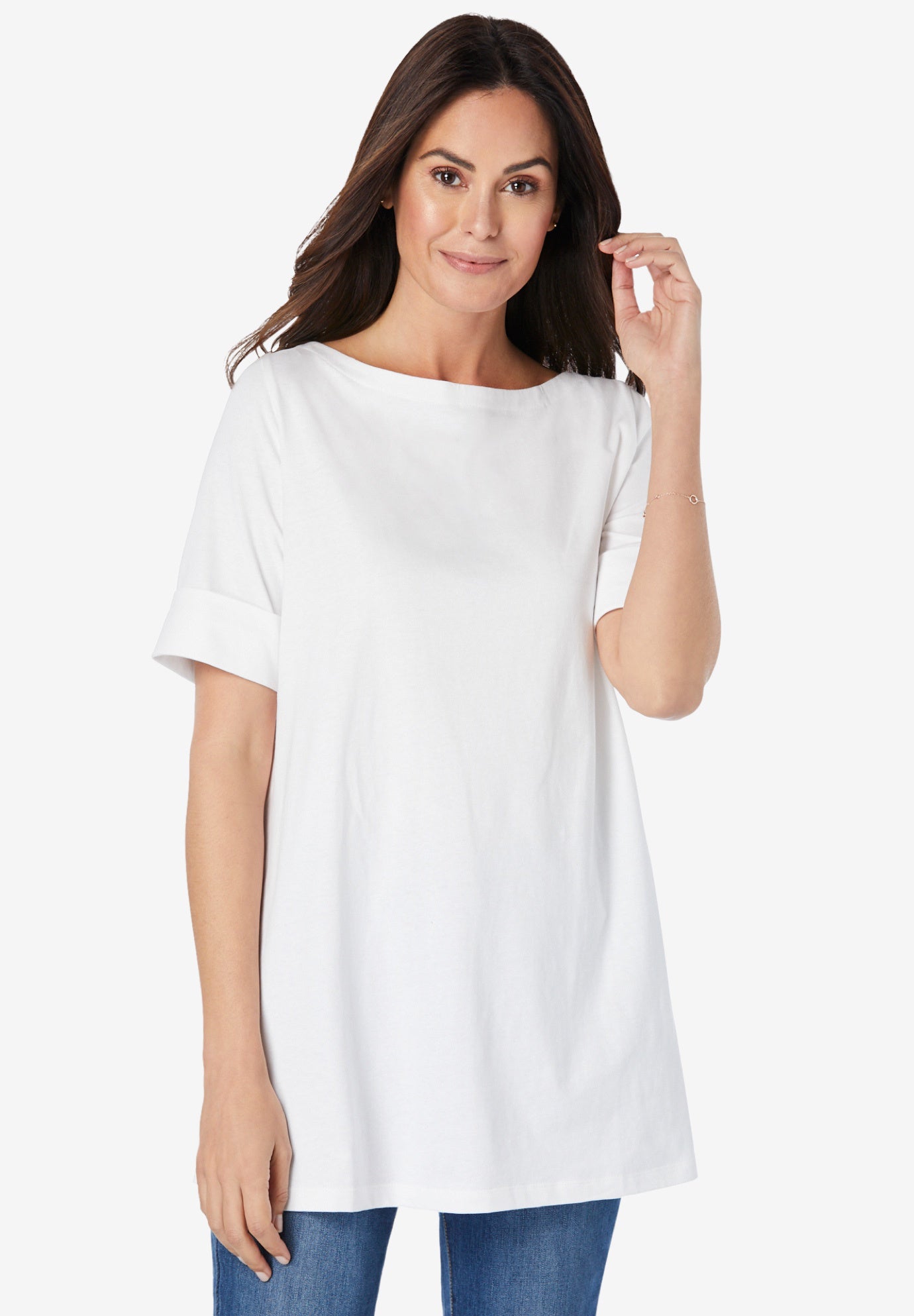 Perfect Cuffed Elbow-Sleeve Boat-Neck Tee image number 0
