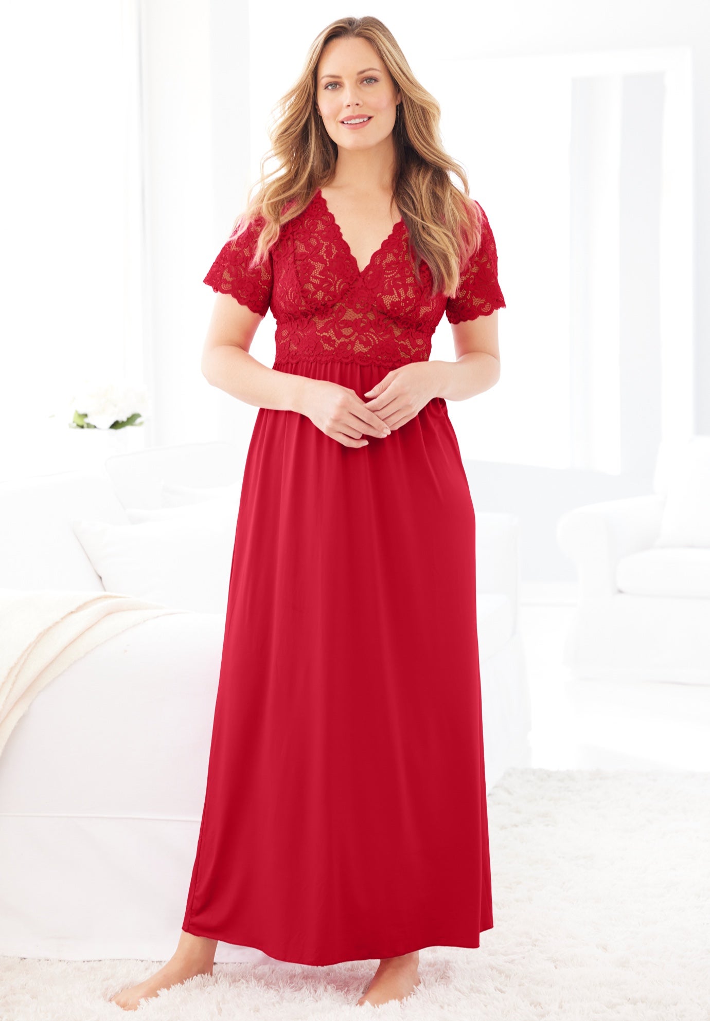 Long Lace Top Stretch Knit Gown image number 0