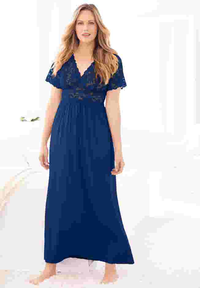 Long Lace Top Stretch Knit Gown image number 0