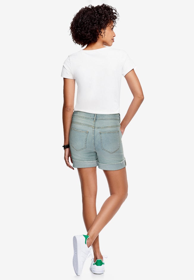 Mid-Rise Stretch Frayed Cuff Hem Shorts image number 1