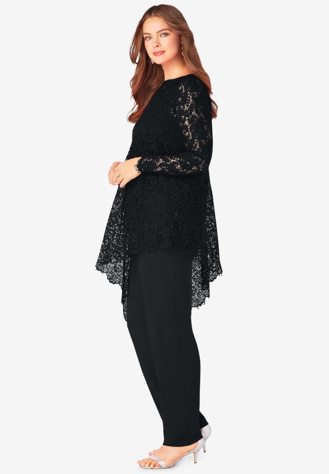 Plus-Size Asymmetrical Lace Pant Set –Long Sleeve Lace Scalloped Tunic & Elastic Waist Pants image number 2