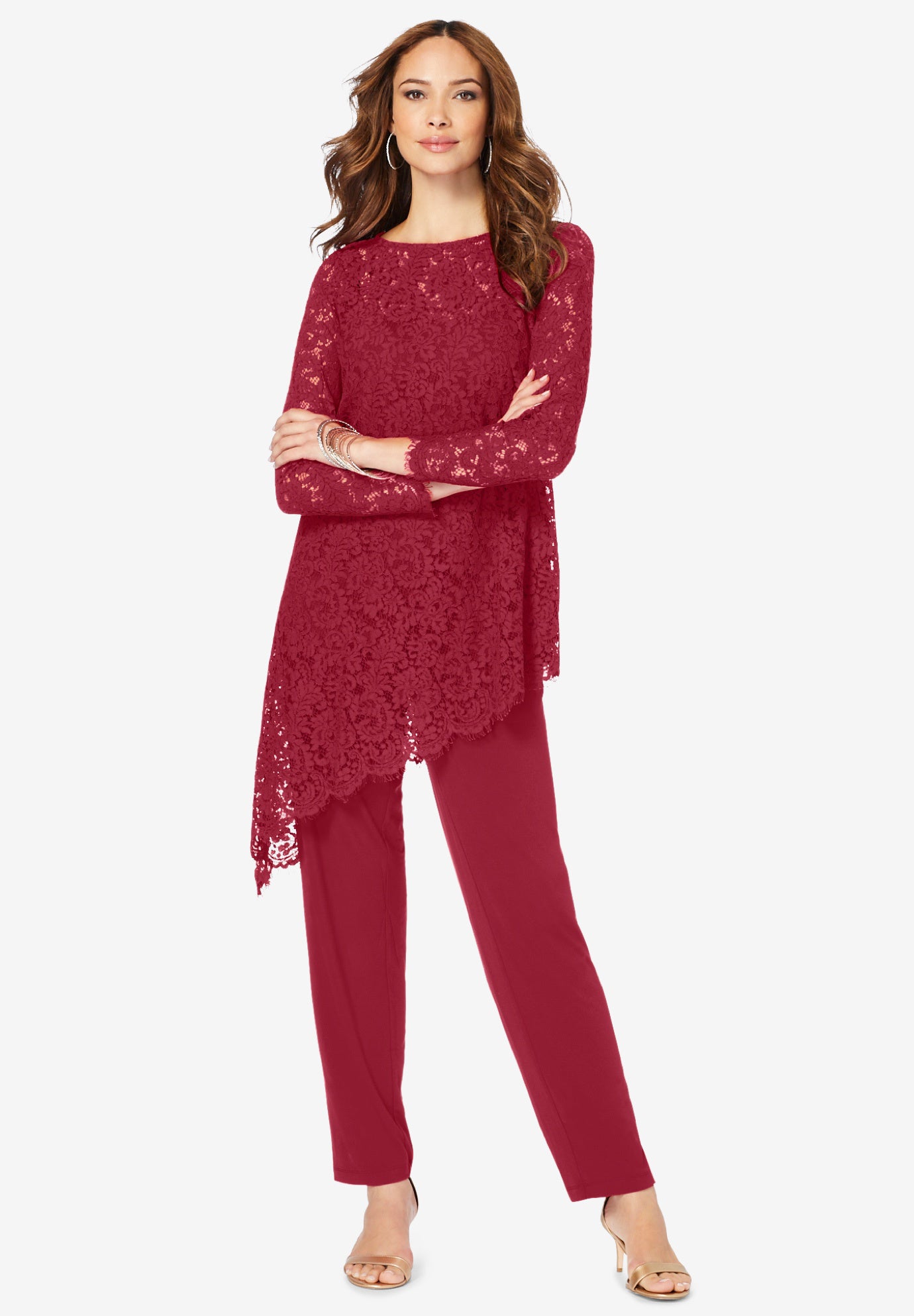 Plus-Size Asymmetrical Lace Pant Set &ndash;Long Sleeve Lace Scalloped Tunic & Elastic Waist Pants image number 0