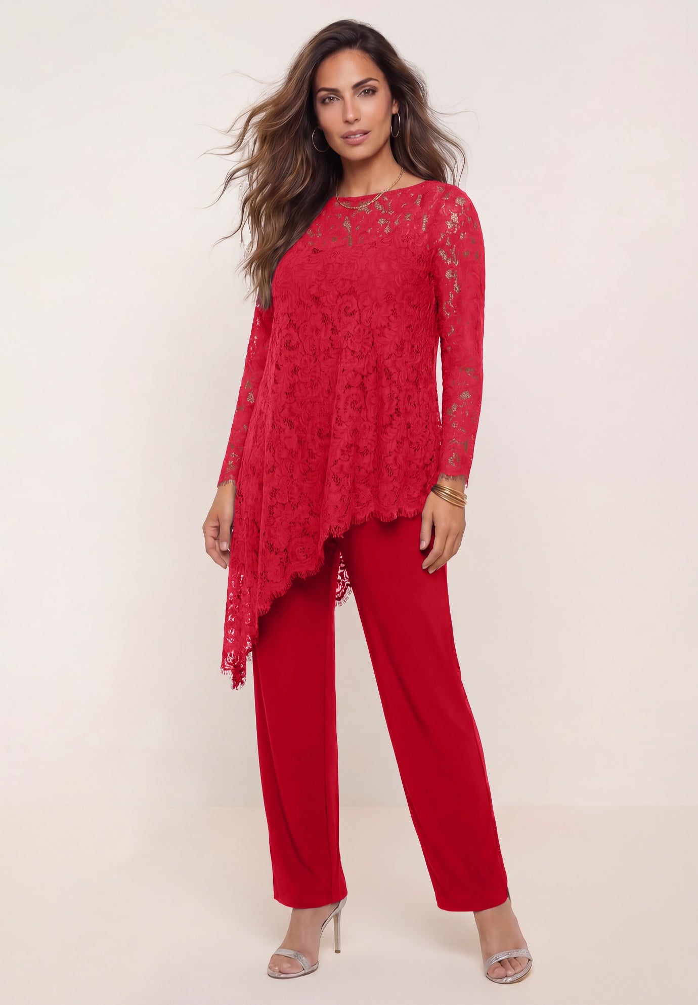Plus-Size Asymmetrical Lace Pant Set &ndash;Long Sleeve Lace Scalloped Tunic & Elastic Waist Pants image number 0