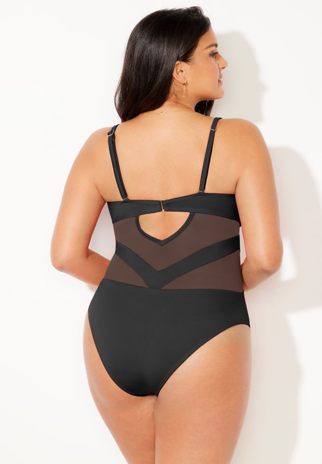 Mesh Spliced Bandeau Underwire One Piece Swimsuit image number null
