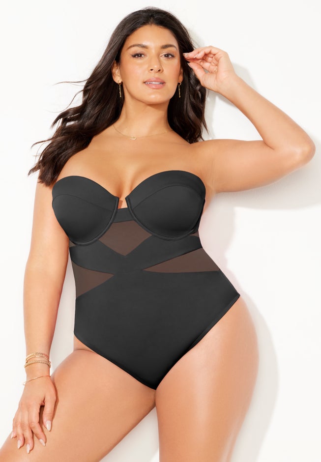 Mesh Spliced Bandeau Underwire One Piece Swimsuit image number null