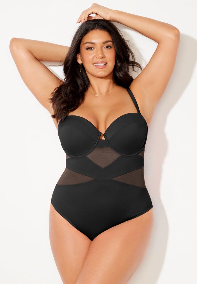Mesh Spliced Bandeau Underwire One Piece Swimsuit image number null