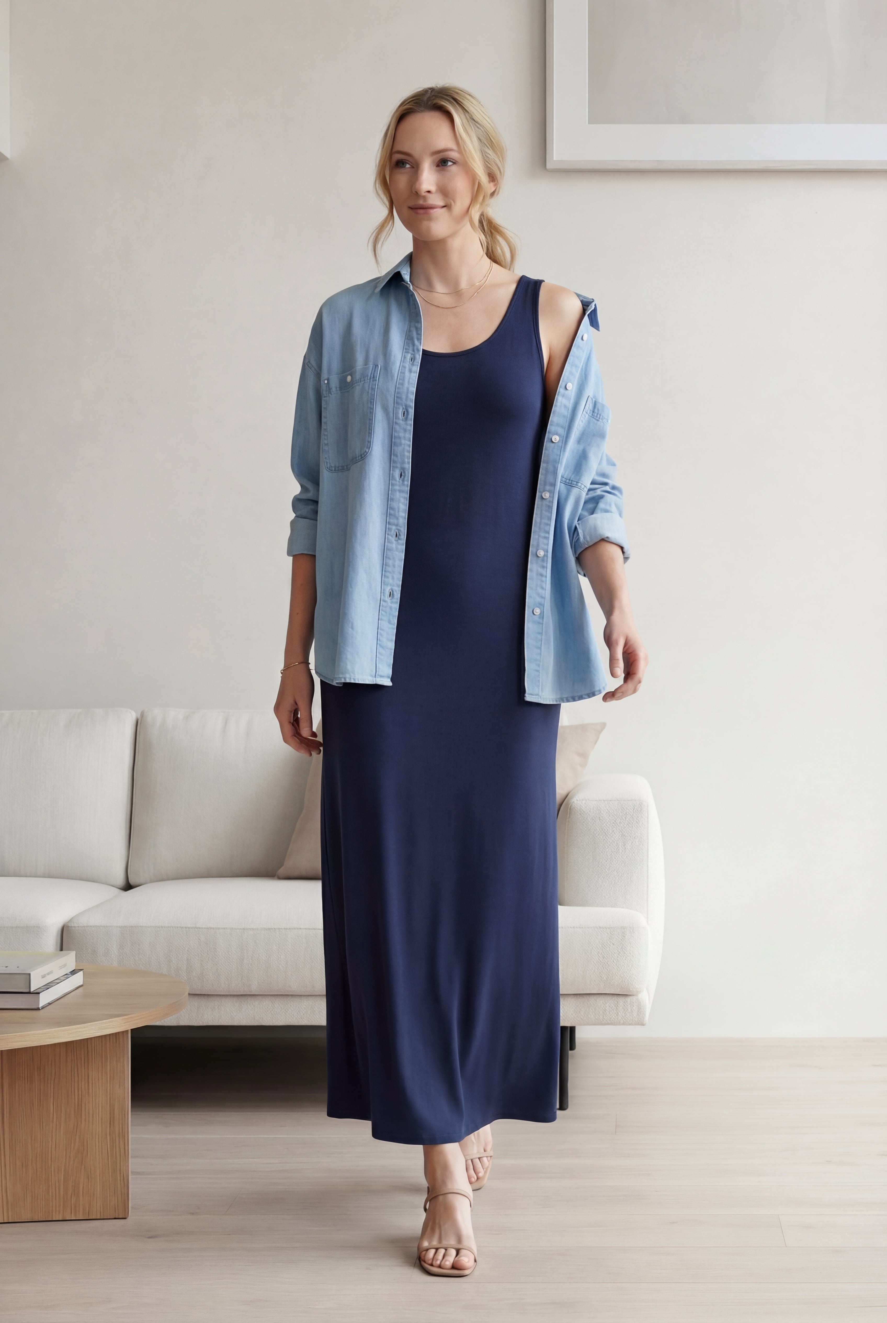 Cotton Spandex Scoop Neck Sleeveless A-Line Maxi Dress image number 2