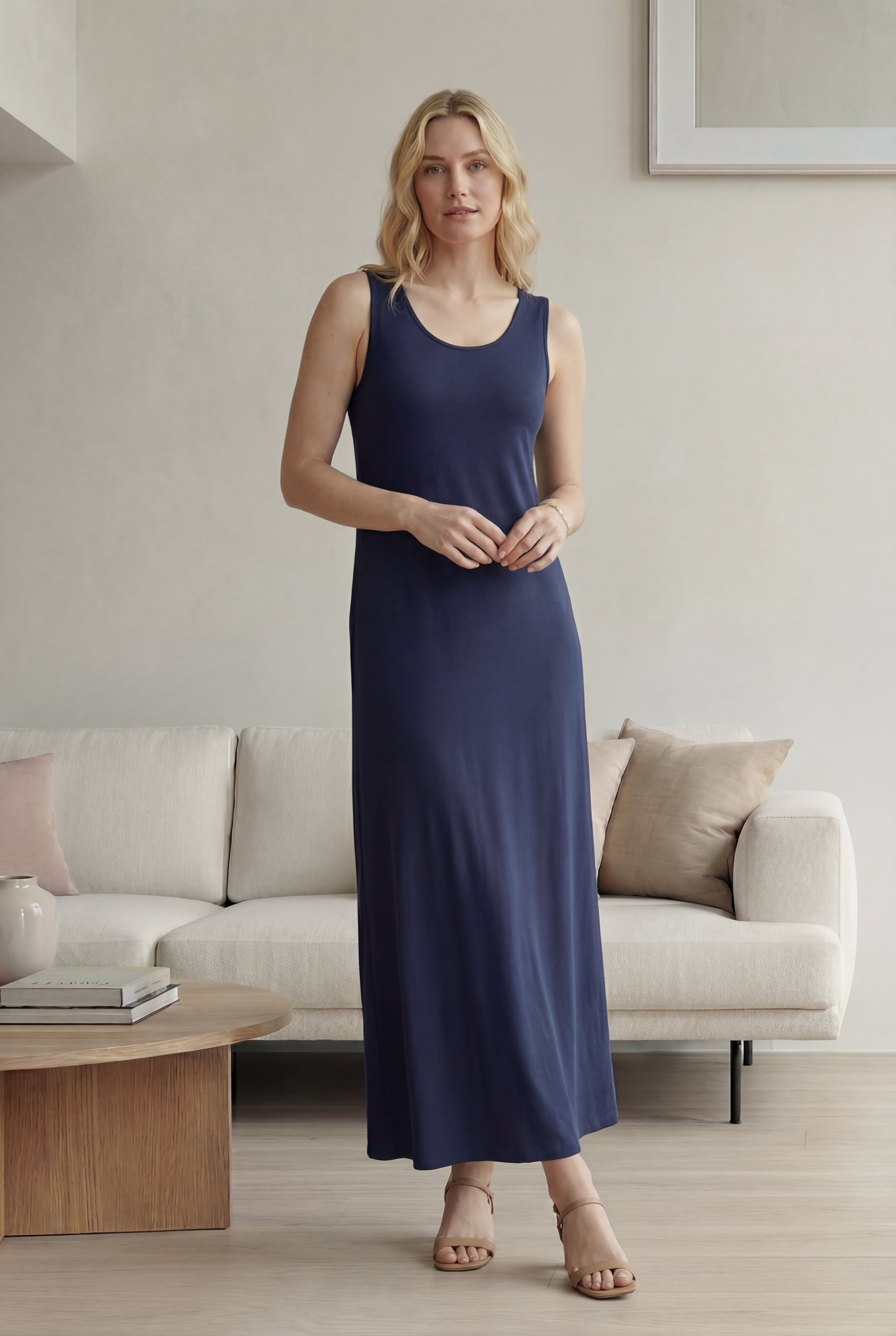 Cotton Spandex Scoop Neck Sleeveless A-Line Maxi Dress image number 3
