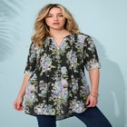 Plus Size Floral Y-Neck Pintuck Tunic &ndash; Adjustable Long Sleeve Button-Front, Relaxed Shirt Style image number null