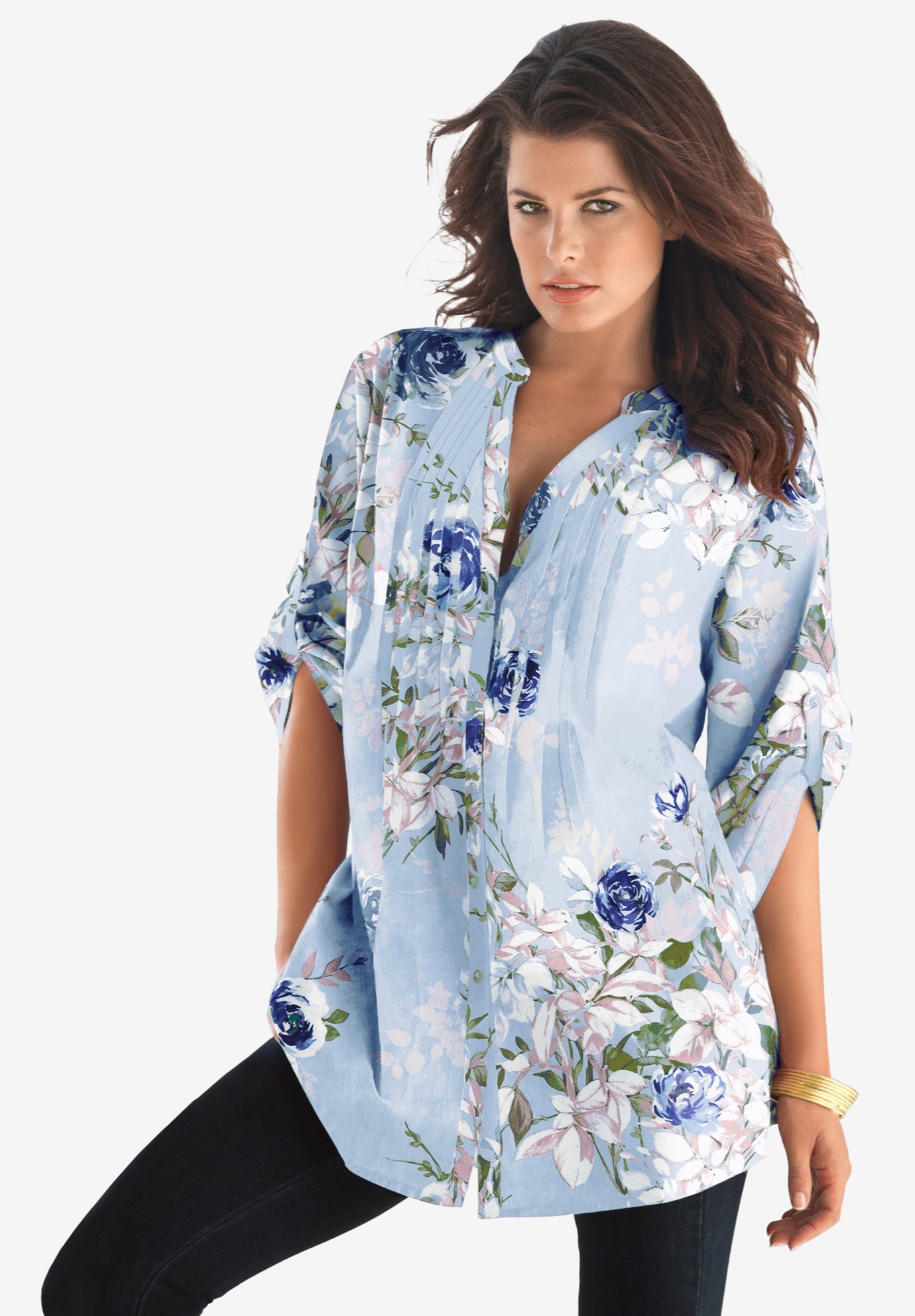 Plus Size Floral Y-Neck Pintuck Tunic &ndash; Adjustable Long Sleeve Button-Front, Relaxed Shirt Style image number 0